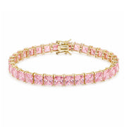 925 Sterling Silver 18K Gold Plated Pink CZ Square Tennis Bracelet 7.25"