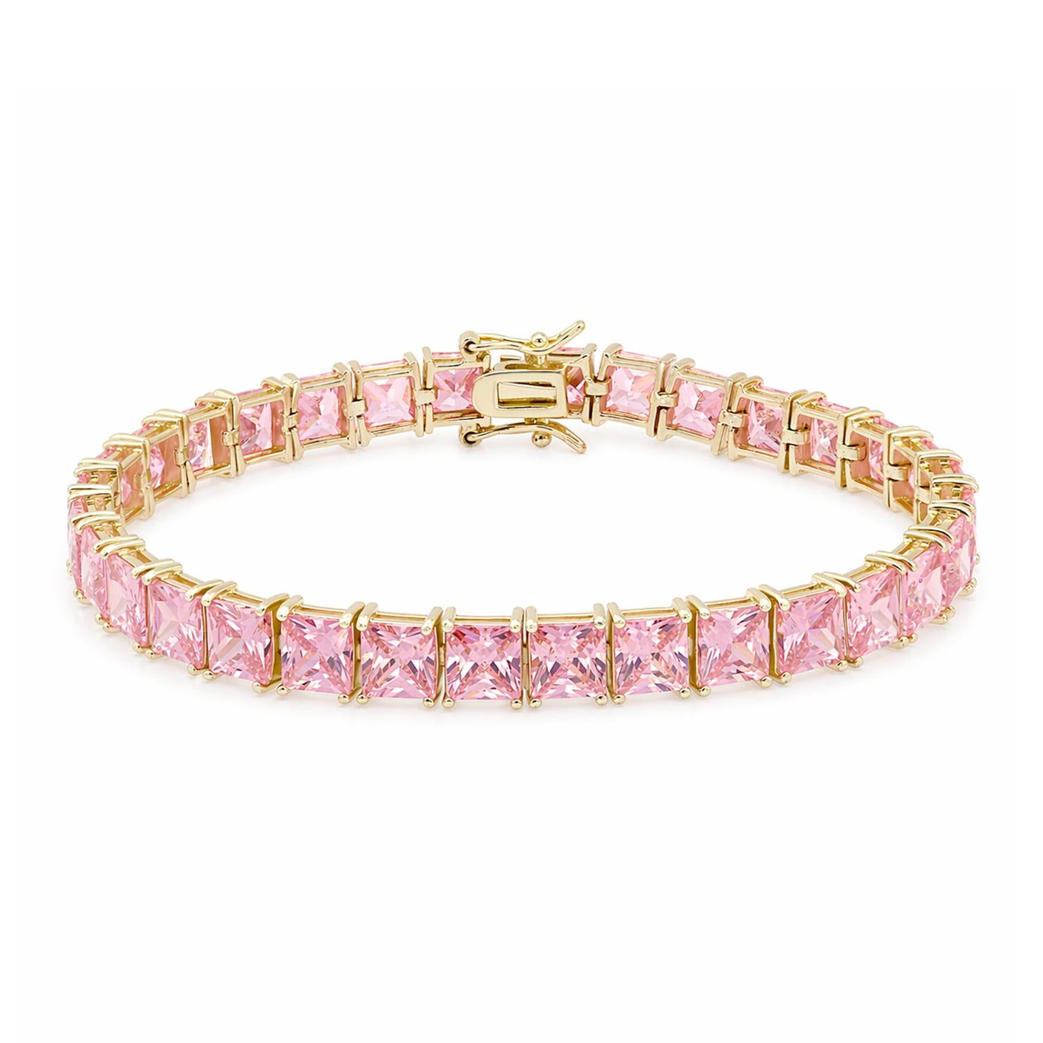 925 Sterling Silver 18K Gold Plated Pink CZ Square Tennis Bracelet 7.25"