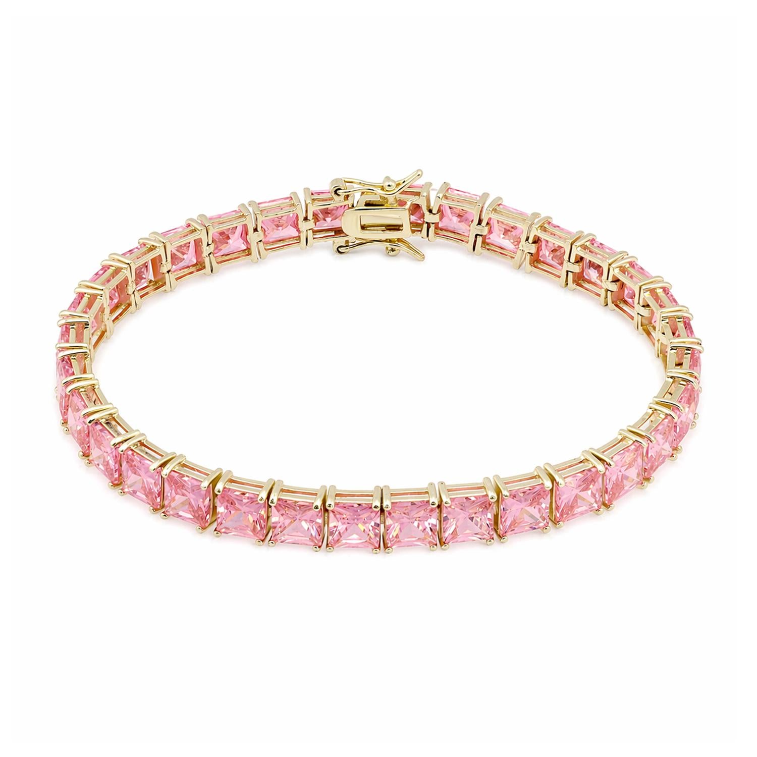 925 Sterling Silver 18K Gold Plated Pink CZ Square Tennis Bracelet 7.25"