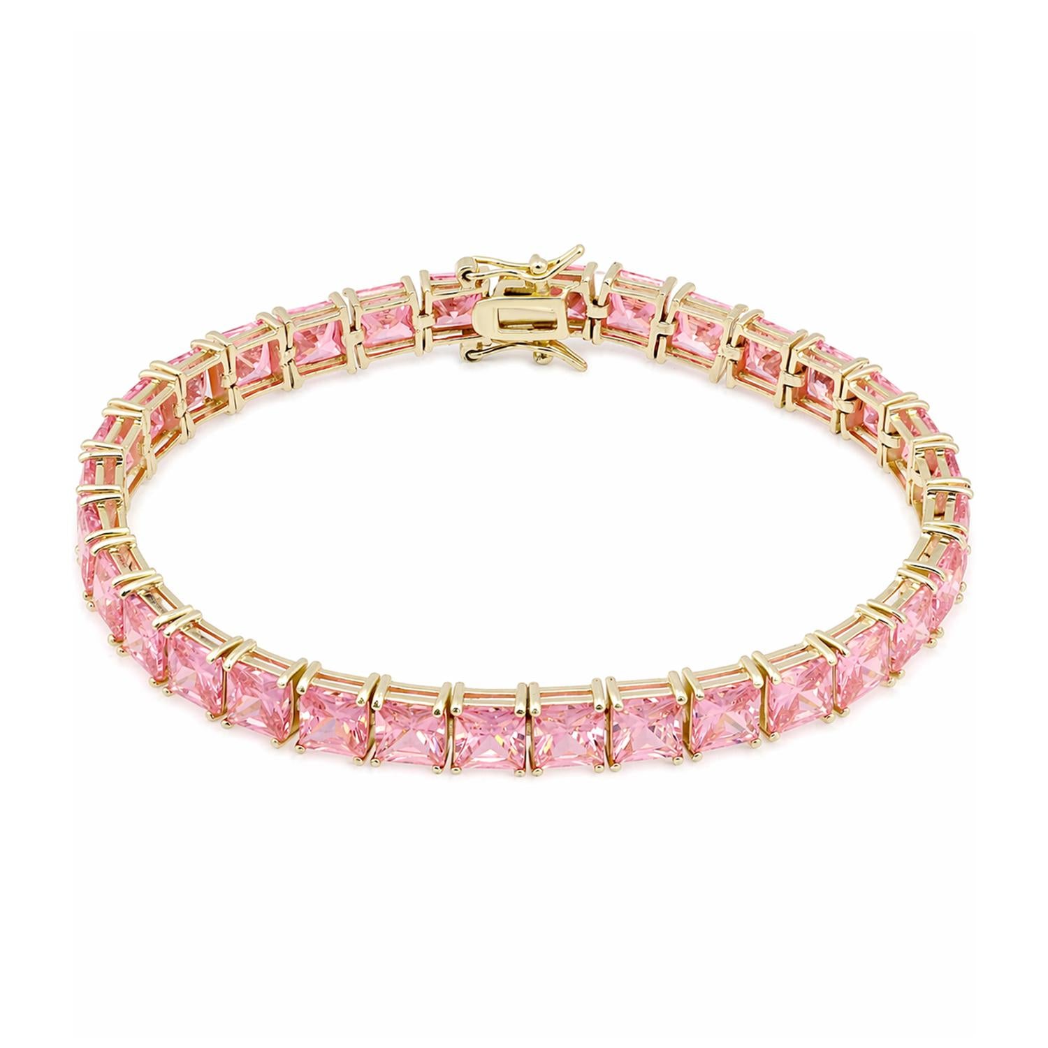 925 Sterling Silver 18K Gold Plated Pink CZ Square Tennis Bracelet 7.25"