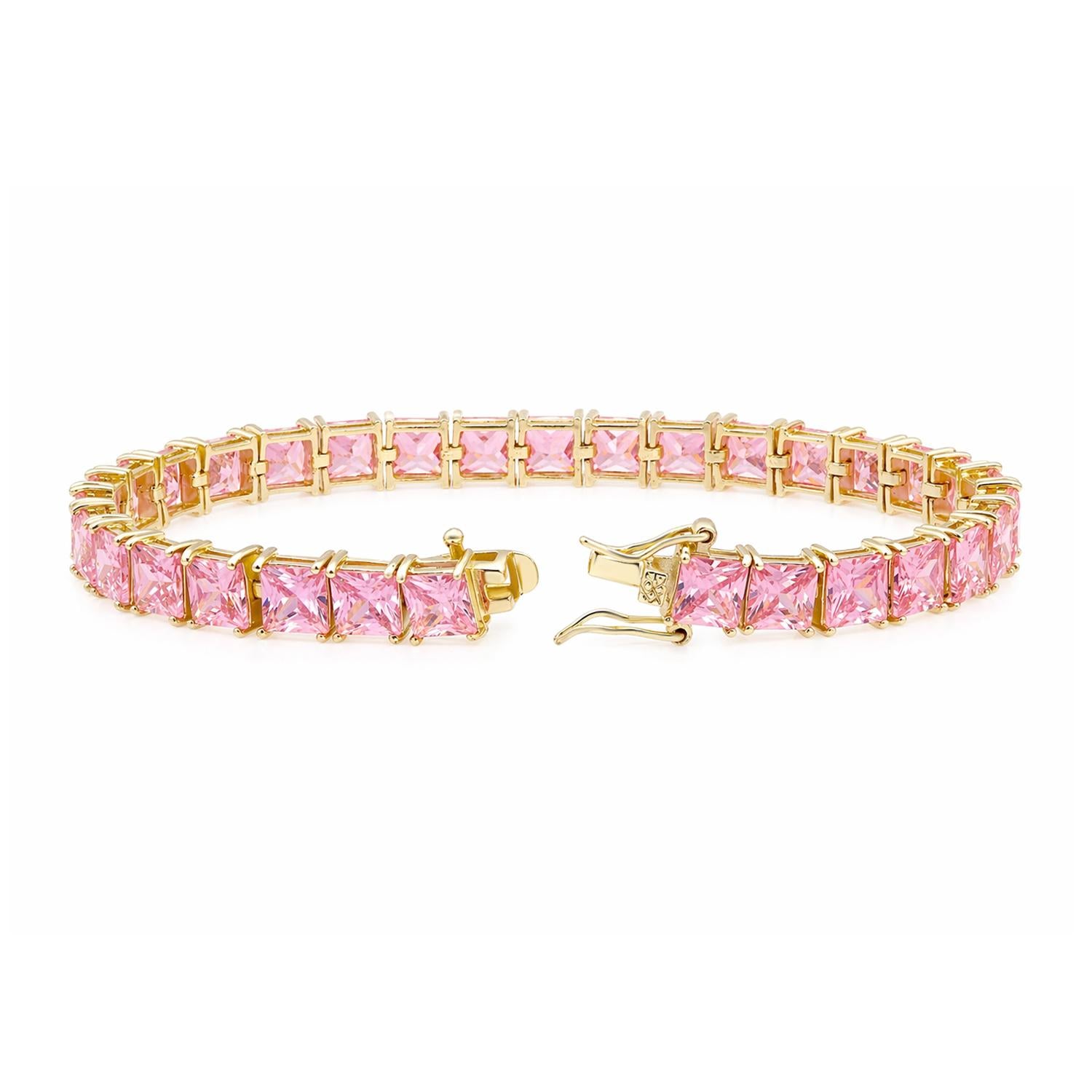 925 Sterling Silver 18K Gold Plated Pink CZ Square Tennis Bracelet 7.25"