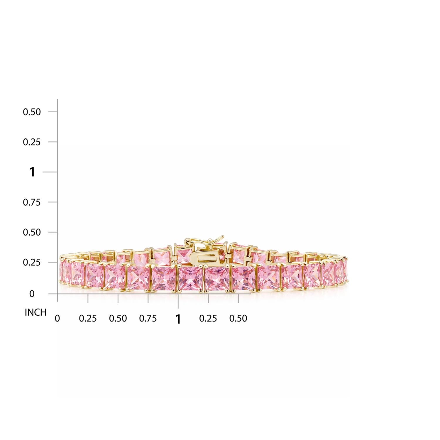 925 Sterling Silver 18K Gold Plated Pink CZ Square Tennis Bracelet 7.25"