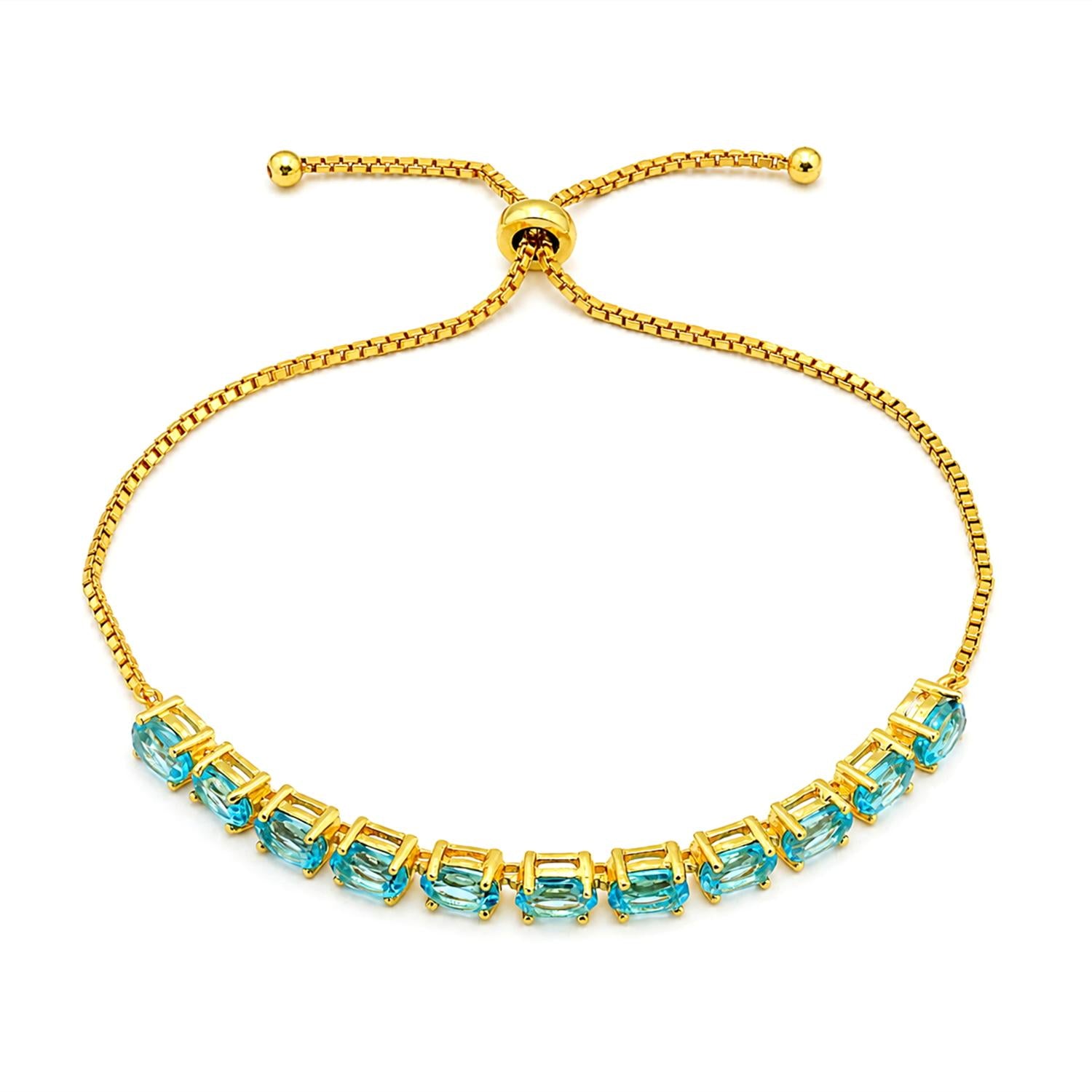 925 Sterling Silver 18K Gold Plated Blue Topaz Oval Adjustable Bracelet