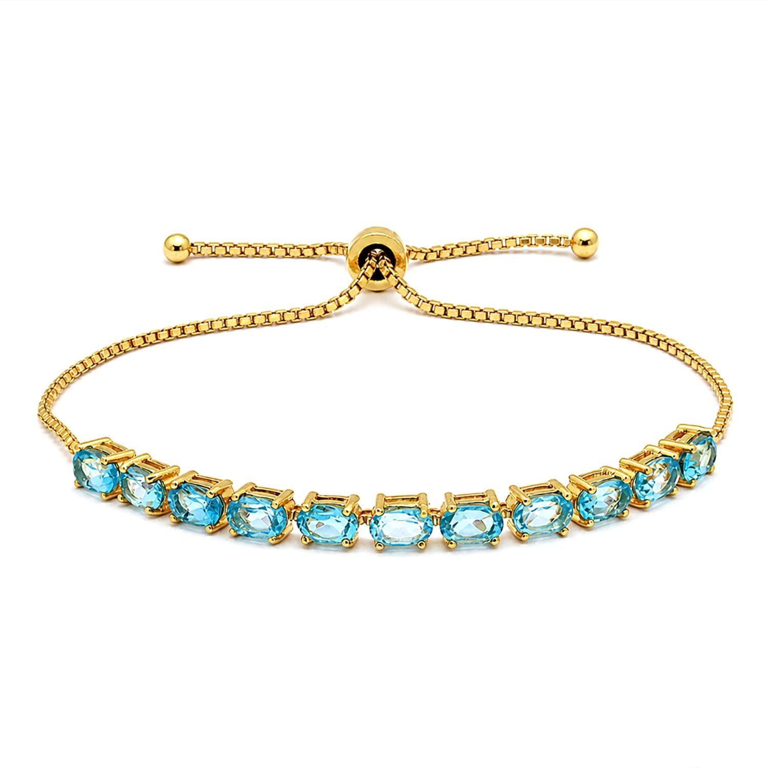 925 Sterling Silver 18K Gold Plated Blue Topaz Oval Adjustable Bracelet