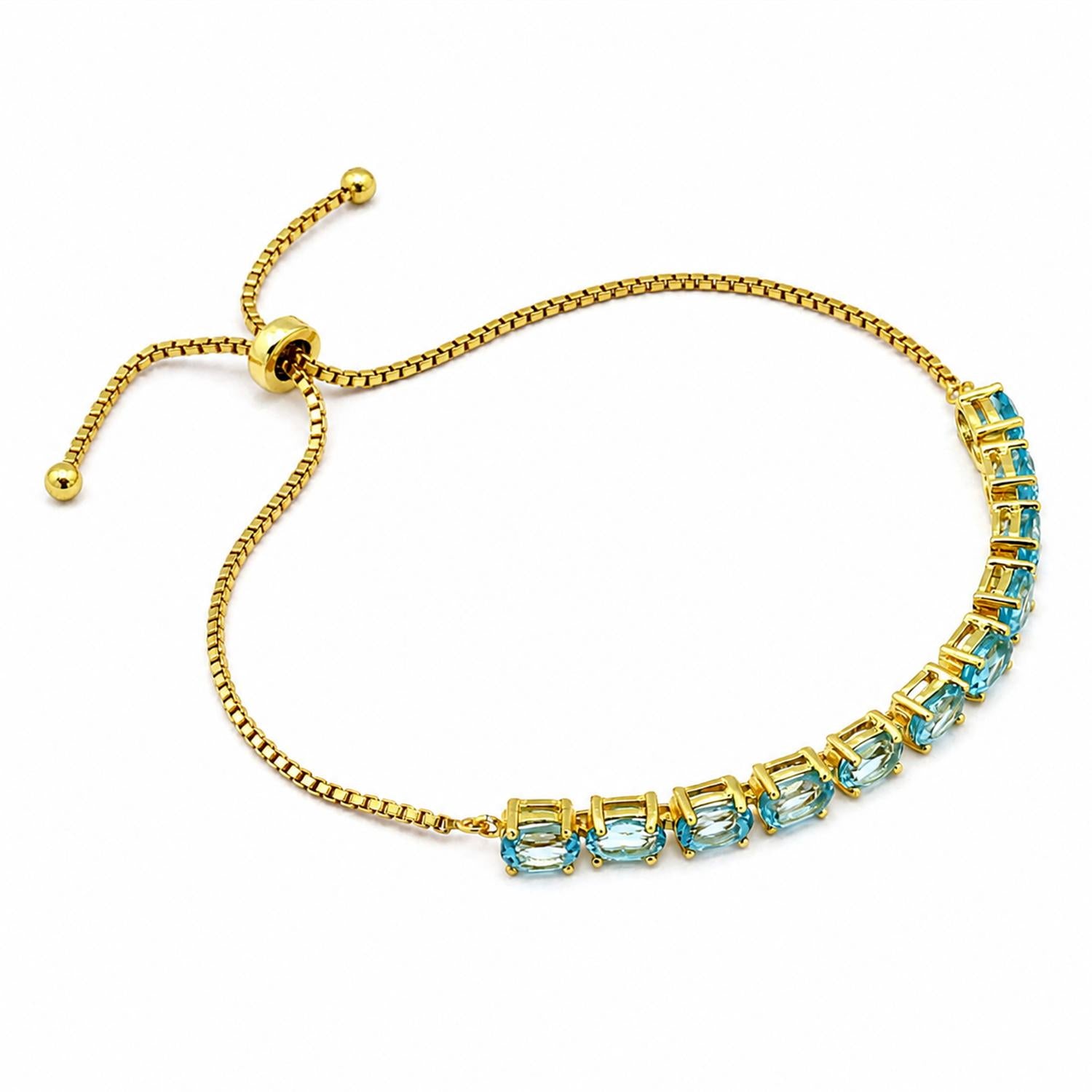925 Sterling Silver 18K Gold Plated Blue Topaz Oval Adjustable Bracelet