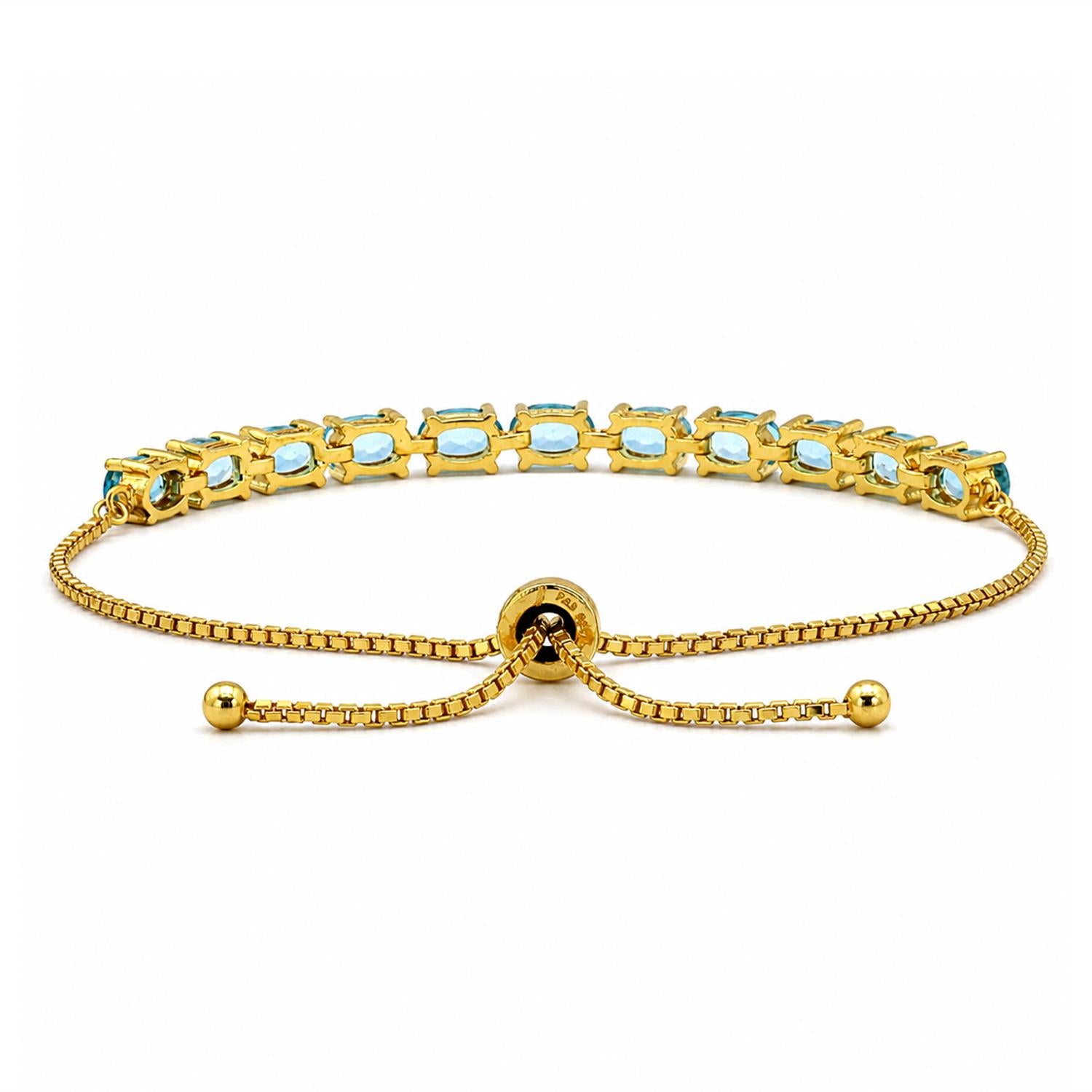 925 Sterling Silver 18K Gold Plated Blue Topaz Oval Adjustable Bracelet