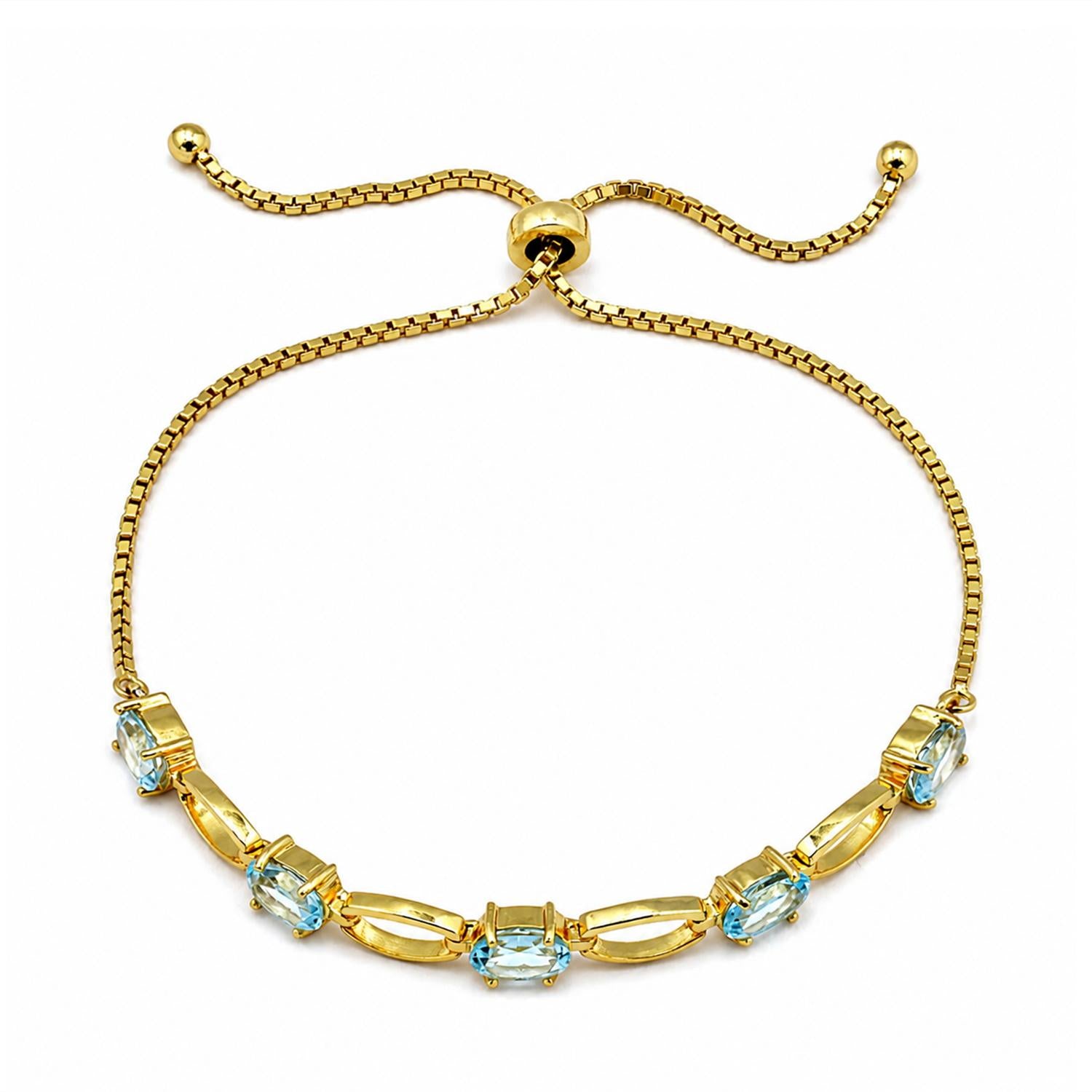 925 Sterling Silver 18K Gold Plated Blue Topaz Chain Link Adjustable Bracelet