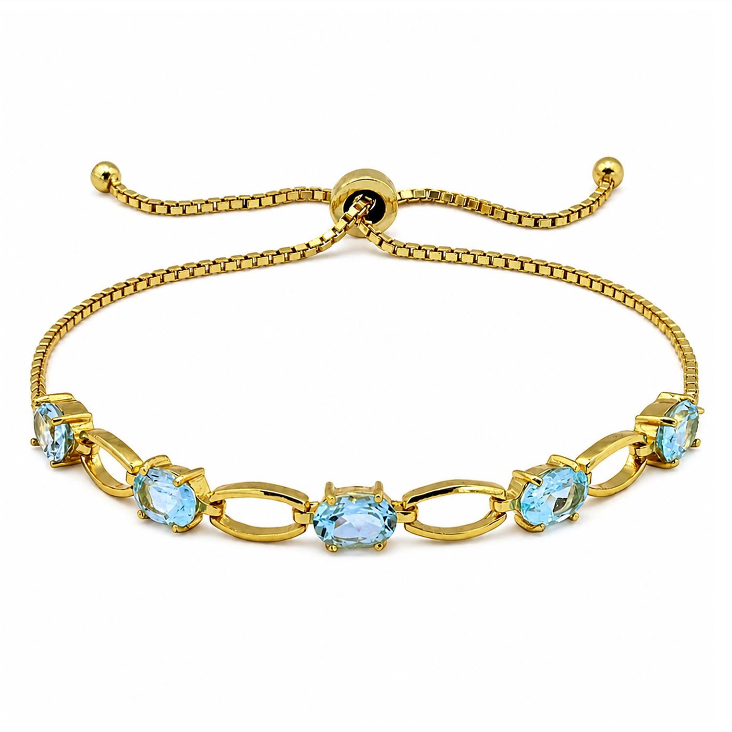 925 Sterling Silver 18K Gold Plated Blue Topaz Chain Link Adjustable Bracelet