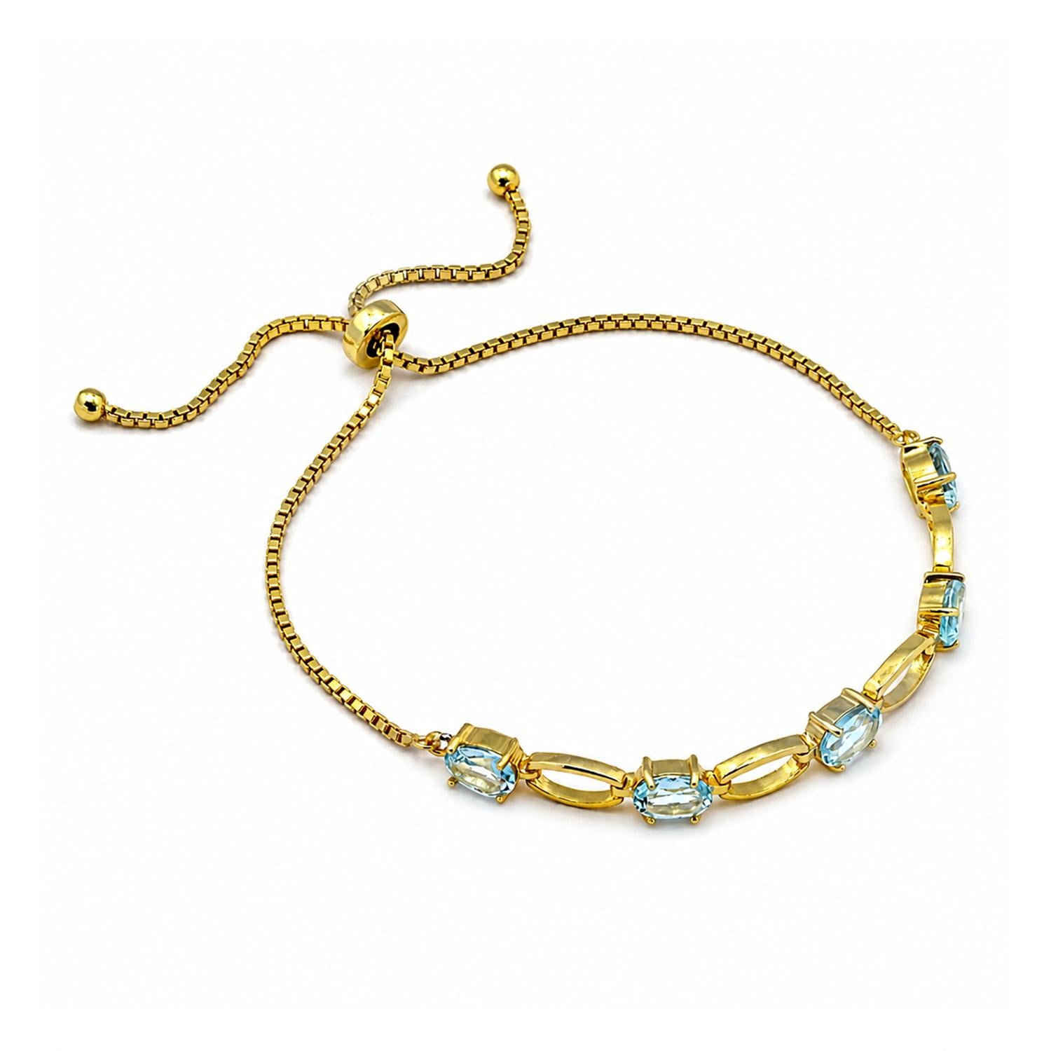 925 Sterling Silver 18K Gold Plated Blue Topaz Chain Link Adjustable Bracelet