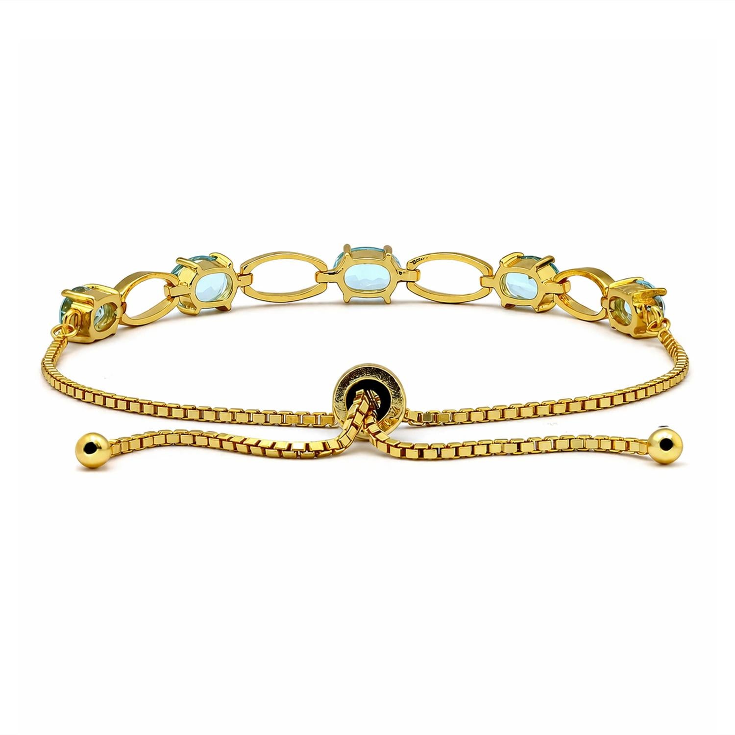 925 Sterling Silver 18K Gold Plated Blue Topaz Chain Link Adjustable Bracelet