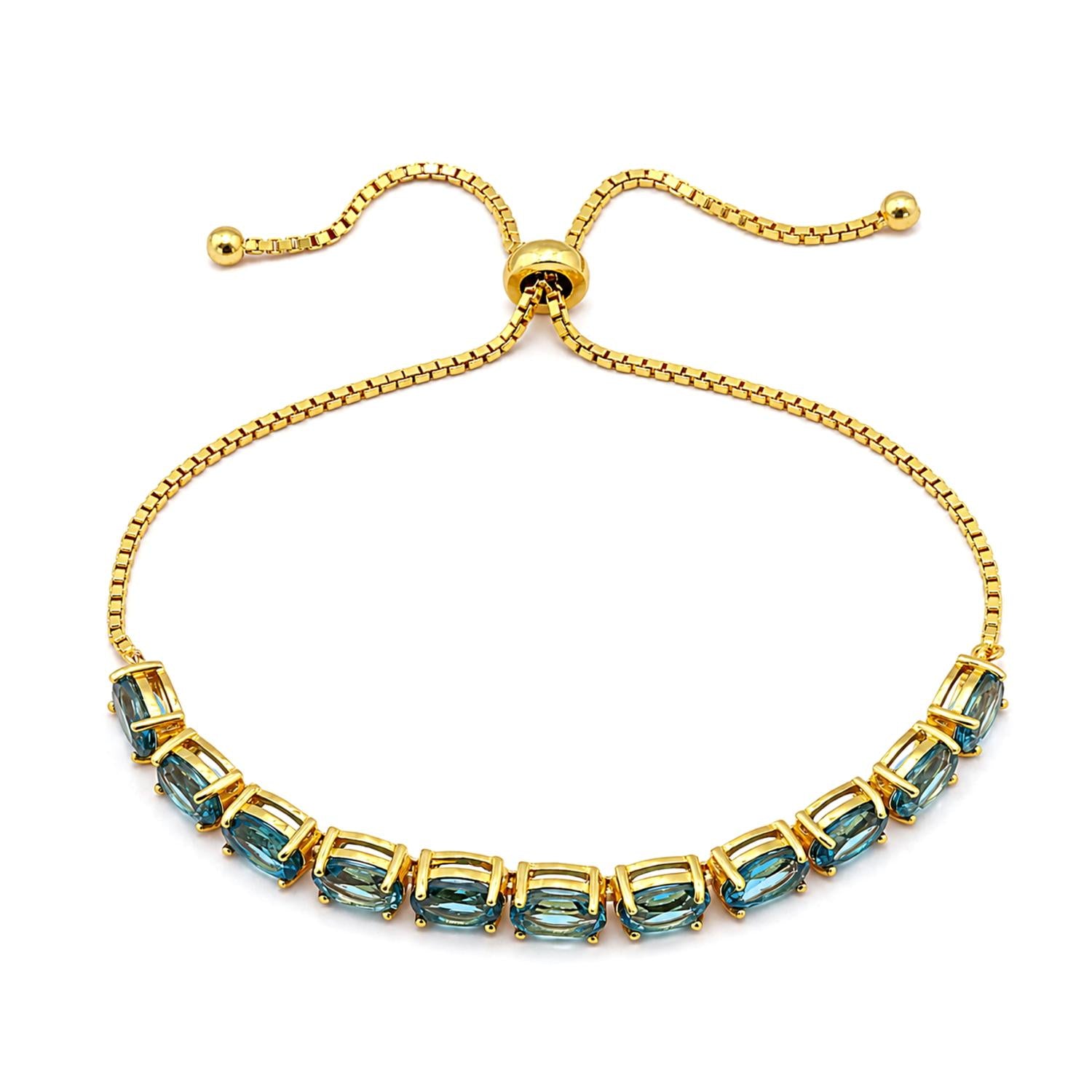 925 Sterling Silver 18K Gold London Blue Topaz Classic Oval Adjustable Bracelet