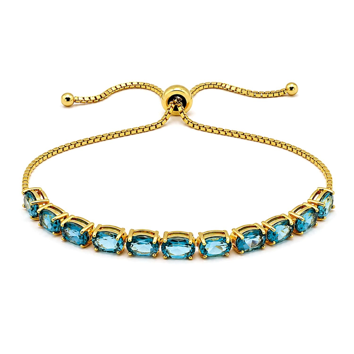 925 Sterling Silver 18K Gold London Blue Topaz Classic Oval Adjustable Bracelet