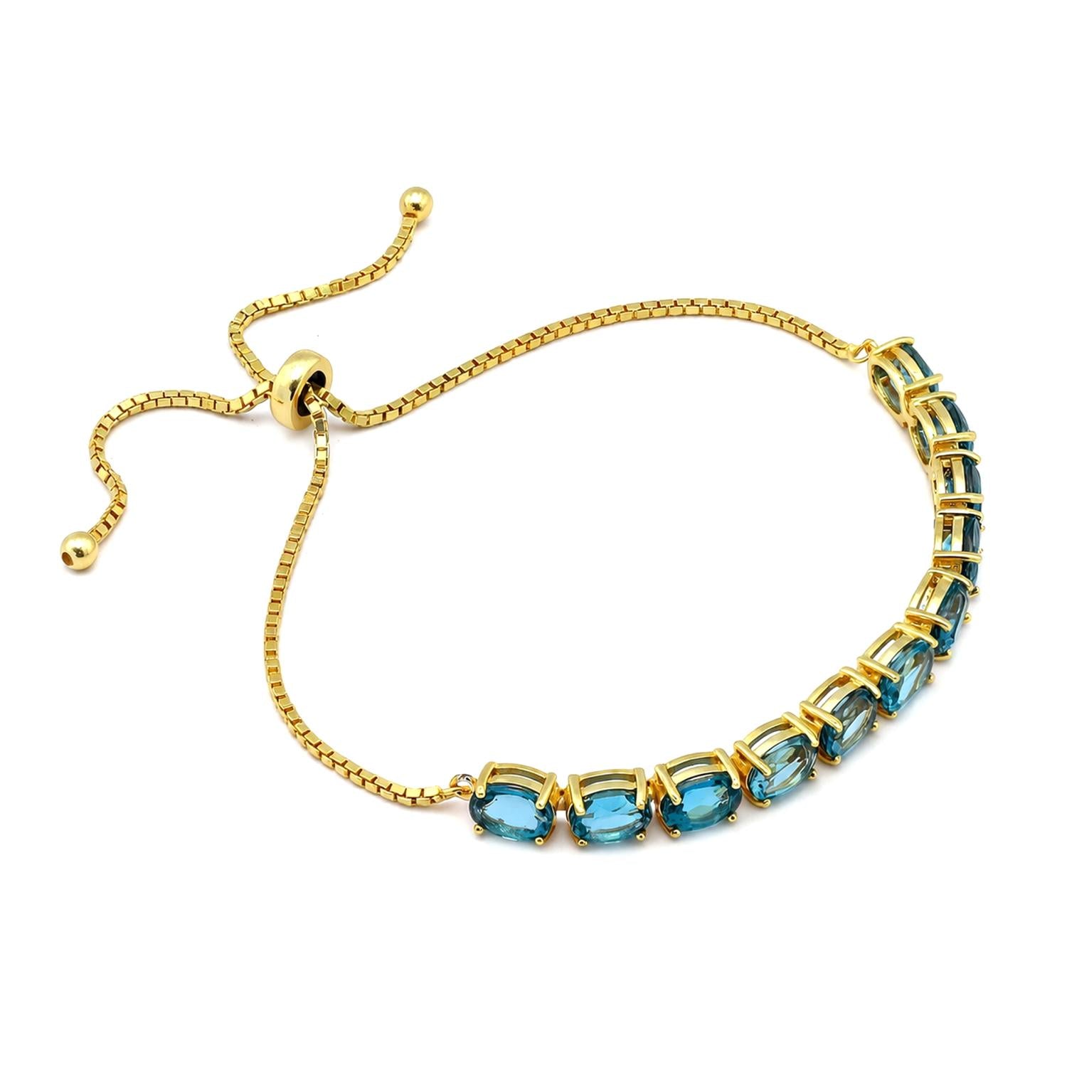 925 Sterling Silver 18K Gold London Blue Topaz Classic Oval Adjustable Bracelet