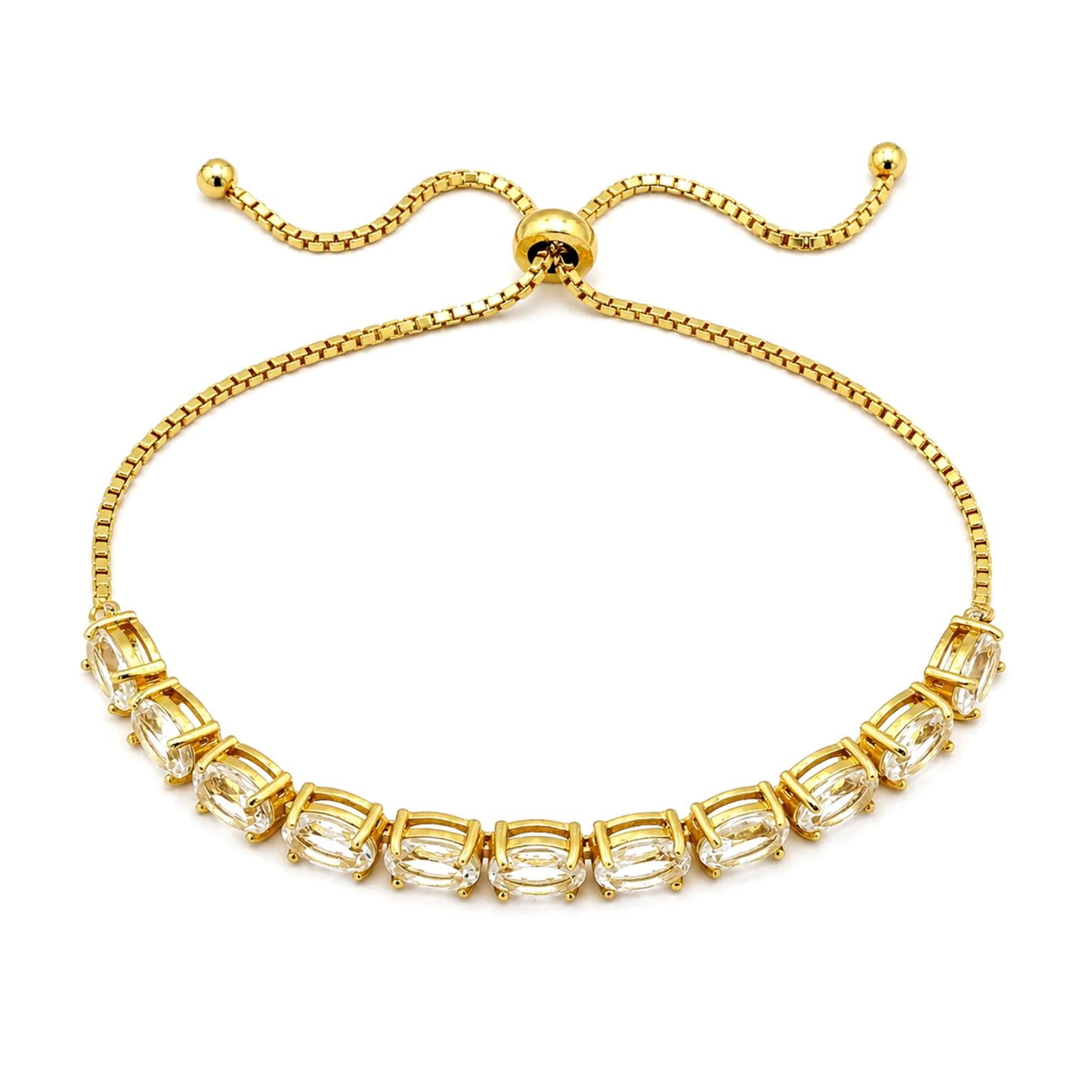 925 Sterling Silver 18K Gold Plated White Topaz Oval Adjustable Bracelet