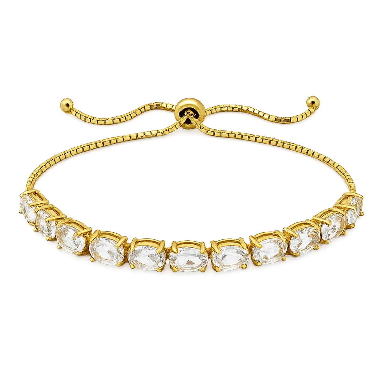 925 Sterling Silver 18K Gold Plated White Topaz Oval Adjustable Bracelet