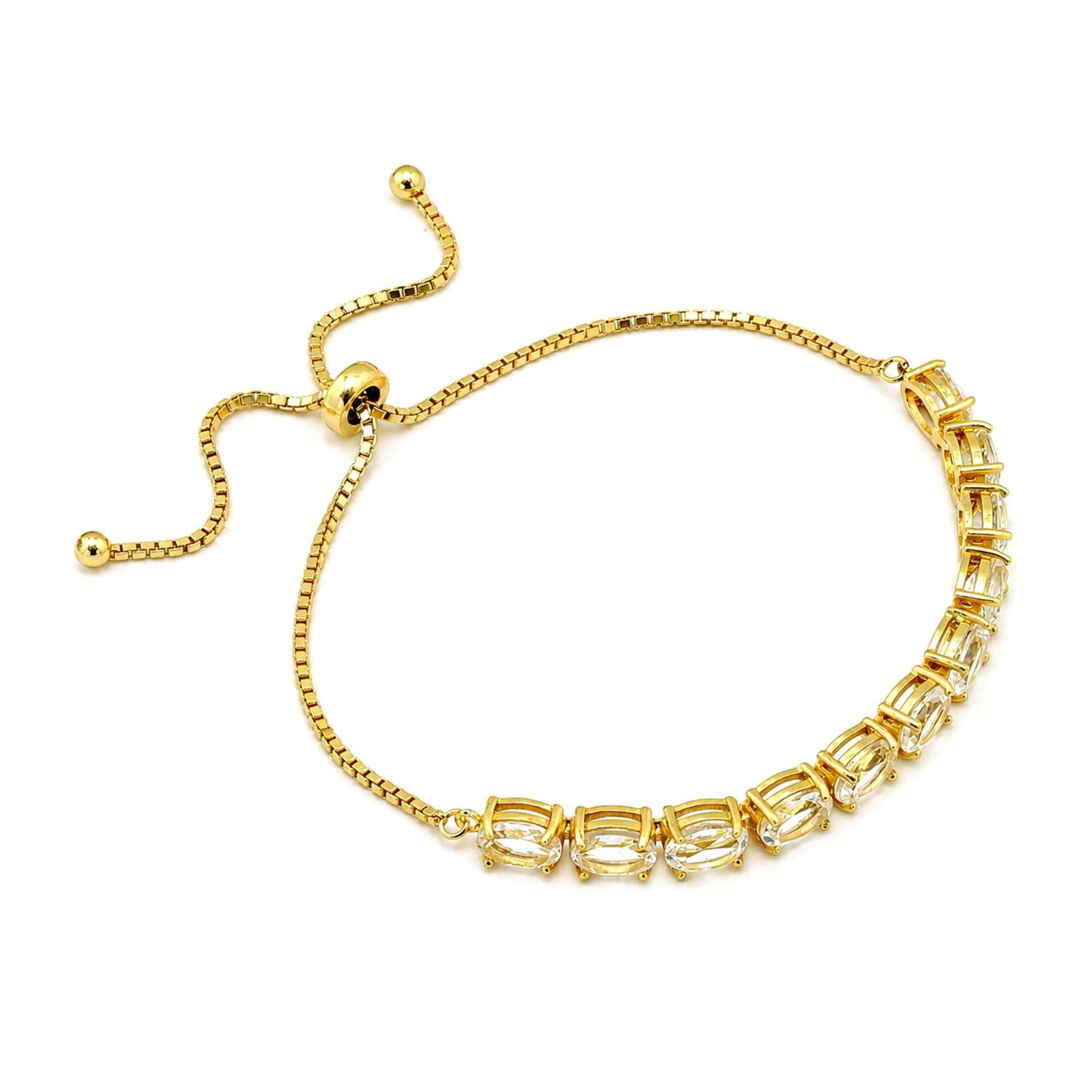 925 Sterling Silver 18K Gold Plated White Topaz Oval Adjustable Bracelet