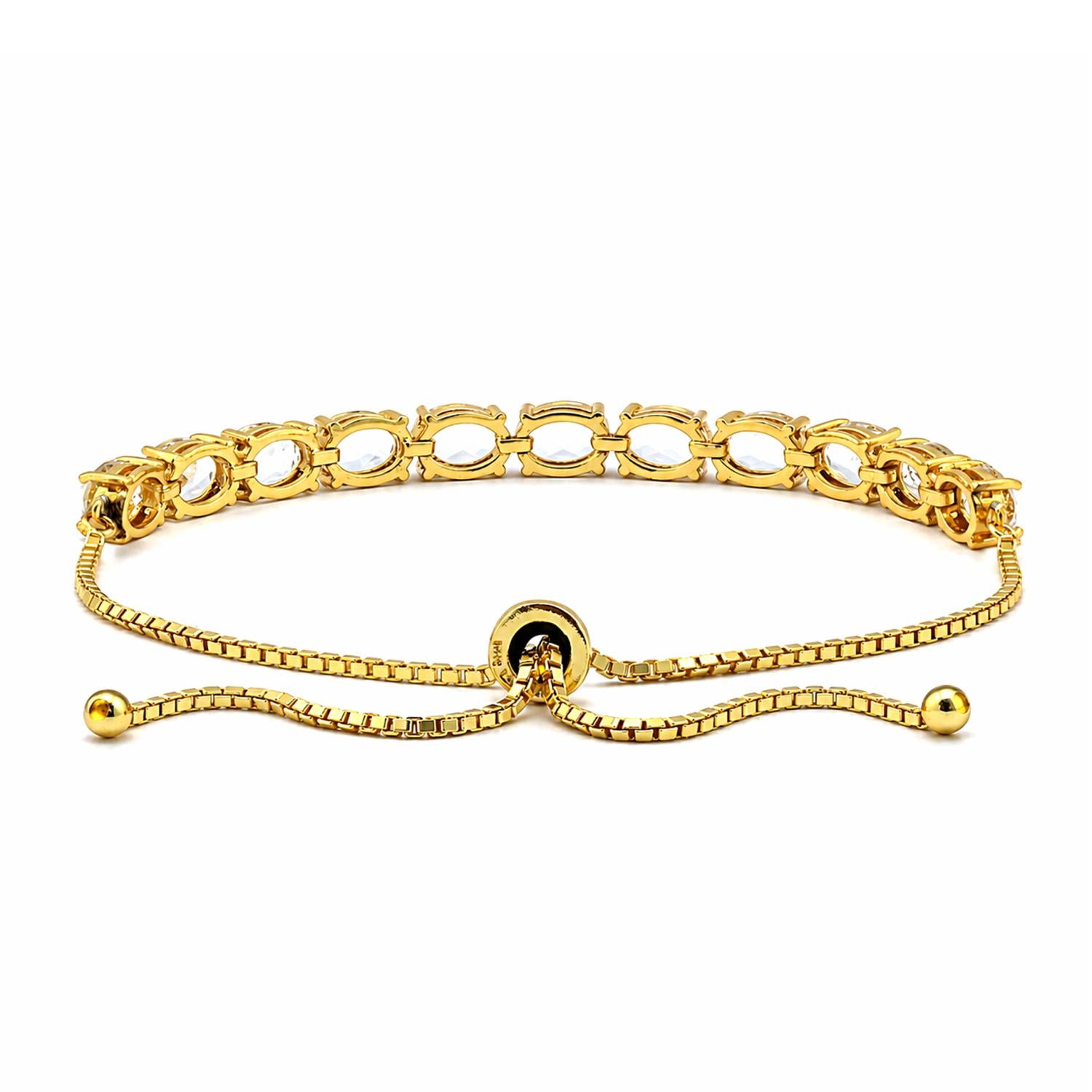 925 Sterling Silver 18K Gold Plated White Topaz Oval Adjustable Bracelet