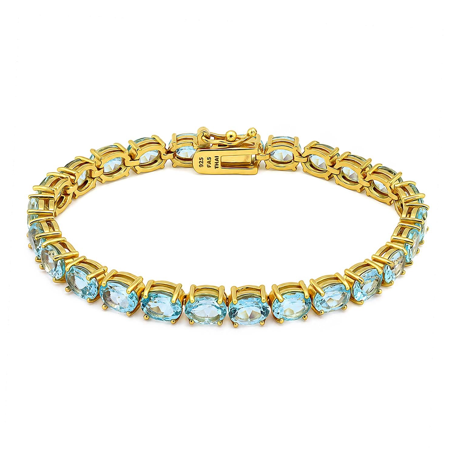 925 Sterling Silver 18K Gold Plated Blue Topaz Oval Tennis Bracelet 7.25 Inches