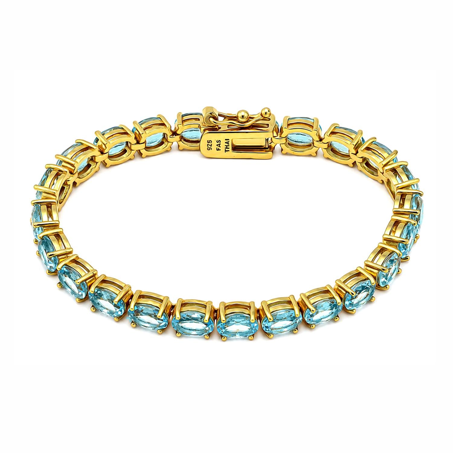 925 Sterling Silver 18K Gold Plated Blue Topaz Oval Tennis Bracelet 7.25 Inches