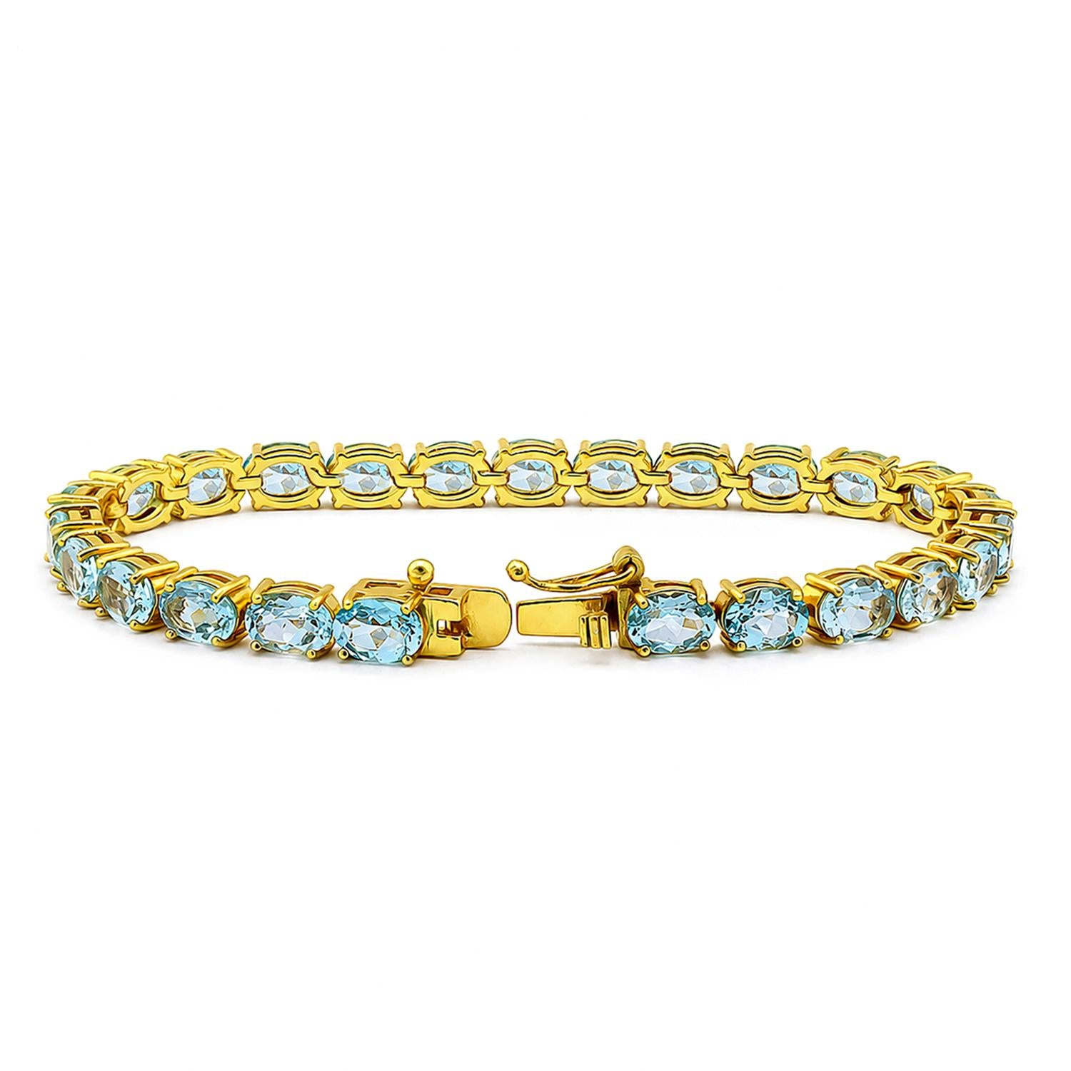 925 Sterling Silver 18K Gold Plated Blue Topaz Oval Tennis Bracelet 7.25 Inches