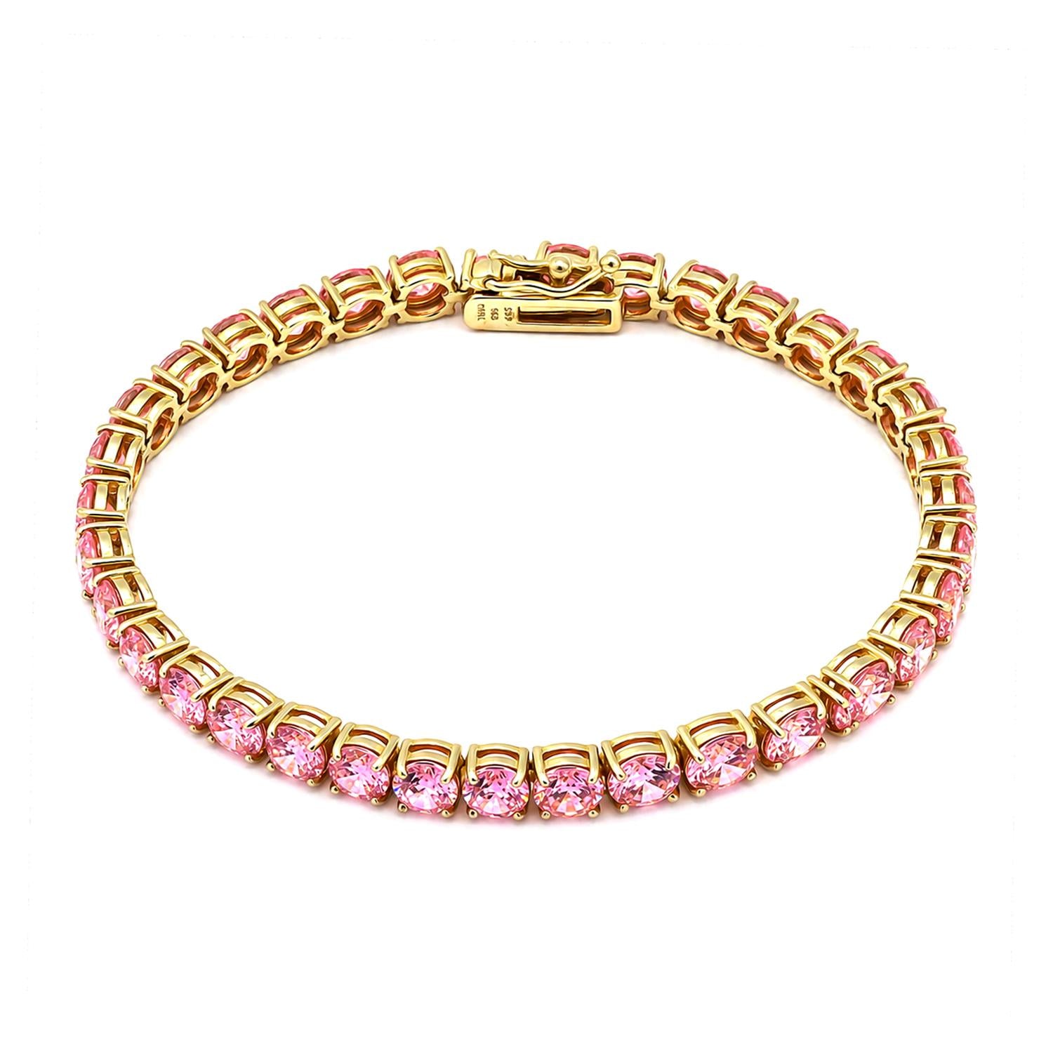 925 Sterling Silver 18K Gold Plated Pink CZ Dainty Girl Tennis Bracelet 7.25"