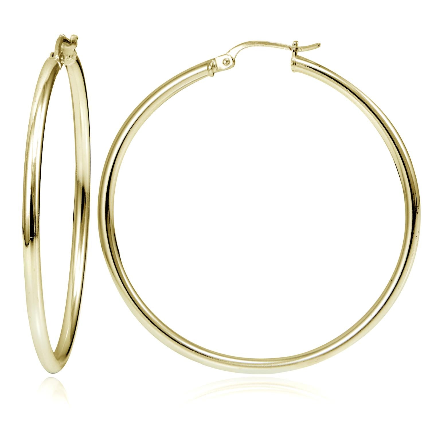 925 Sterling Silver 18K Gold Plated 2mm Width Sleek Hoops 15mm-50mm For Women