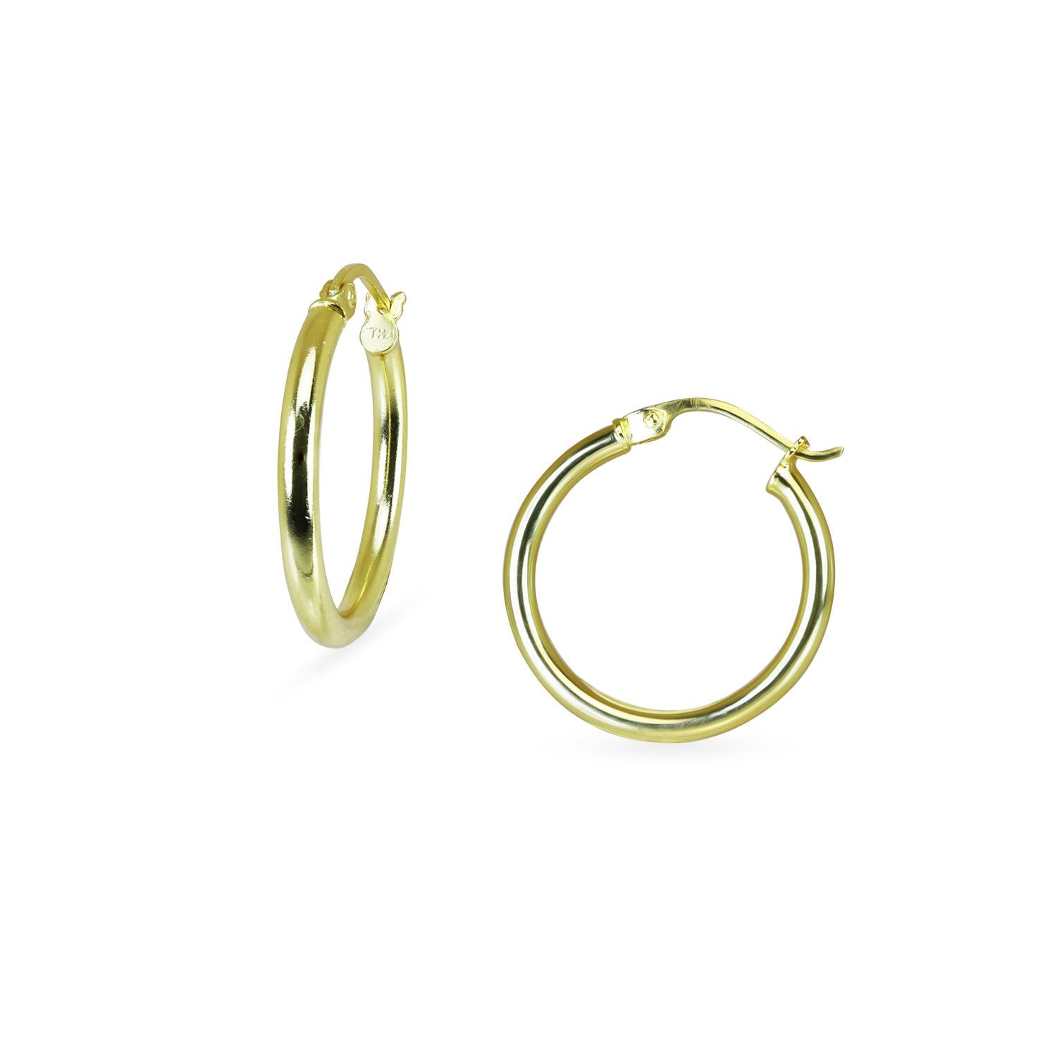 925 Sterling Silver 18K Gold Plated 2mm Width Sleek Hoops 15mm-50mm For Women