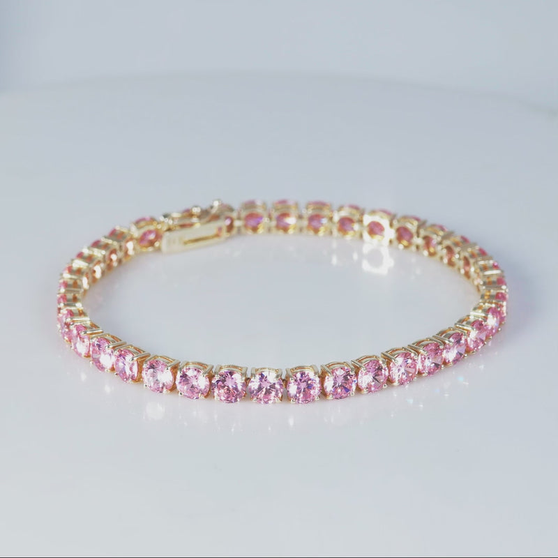 925 Sterling Silver 18K Gold Plated Pink CZ Dainty Girl Tennis Bracelet 7.25"