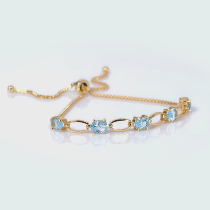925 Sterling Silver 18K Gold Plated Blue Topaz Chain Link Adjustable Bracelet