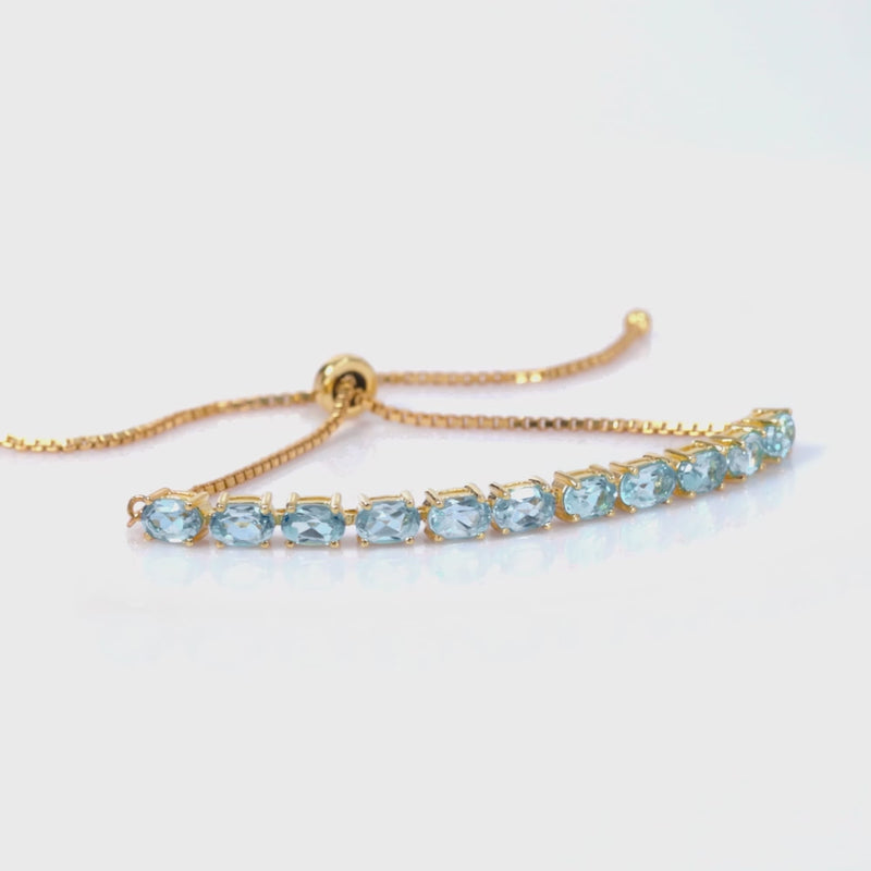 925 Sterling Silver 18K Gold Plated Blue Topaz Oval Adjustable Bracelet