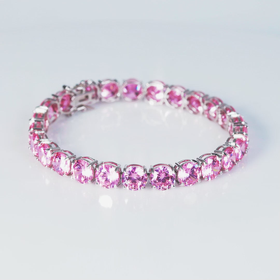 Load video: 925 Sterling Silver Pink CZ Lux Tennis Bracelet 7.25 Inches For Women