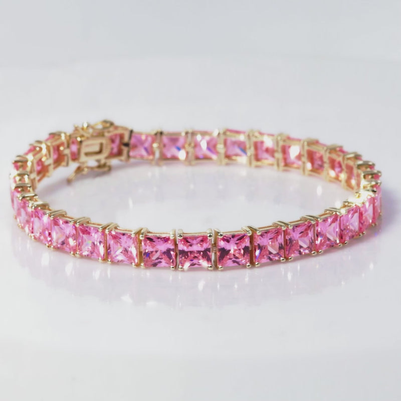 925 Sterling Silver 18K Gold Plated Pink CZ Square Tennis Bracelet 7.25"